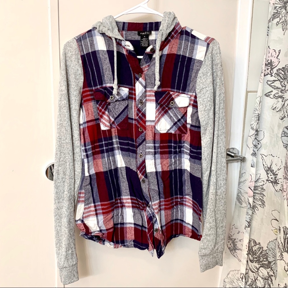 Hooded Plaid Button Down Sweater